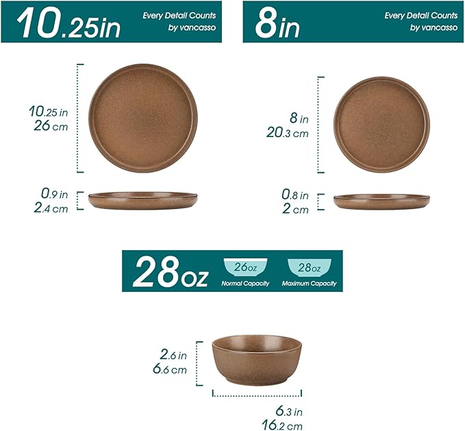 vancasso Plates and Bowls Sets, 18 Pieces Stoneware Dinnerware Set for 6, Ceramic Dish Set for Kitchen, Microwave and Dishwasher Safe, Muted Brown, Series ZERMATT
