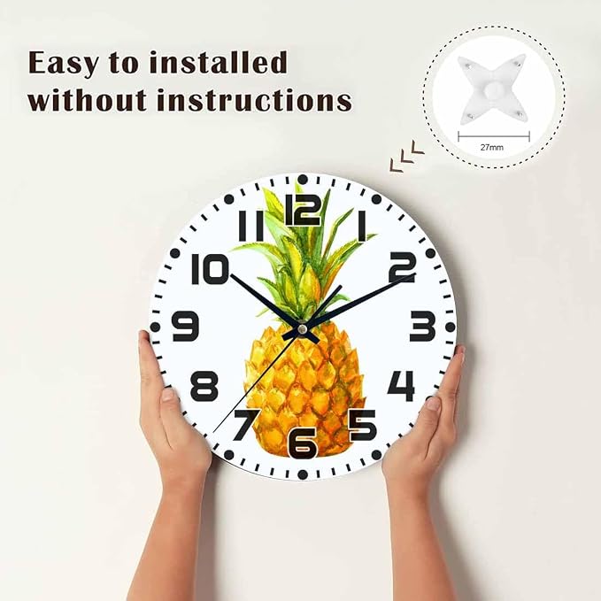 Pineapple Wall Clock Watercolor Ananas Comosus Battery Powered Wall Clock Silent Non Ticking 10 Inch for Living Room, Kitchen, Home,Bathroom, Bedroom