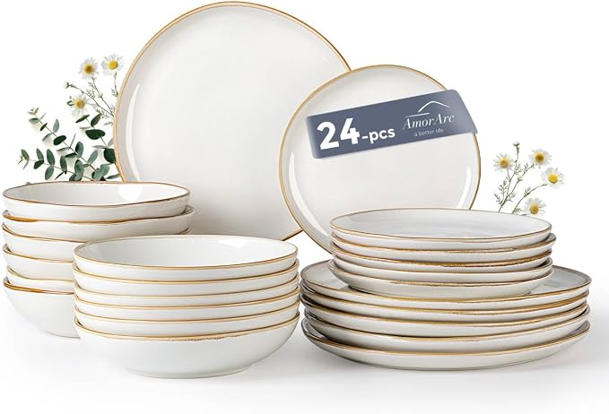 AmorArc Ceramic Dinnerware Sets,Handmade Reactive Glaze Stoneware Plates and Bowls Sets,Highly Scratch Resistant | Dishwasher & Microwave Safe Dishes Set,Service for 6 (24pc)(with Pasta bowls)