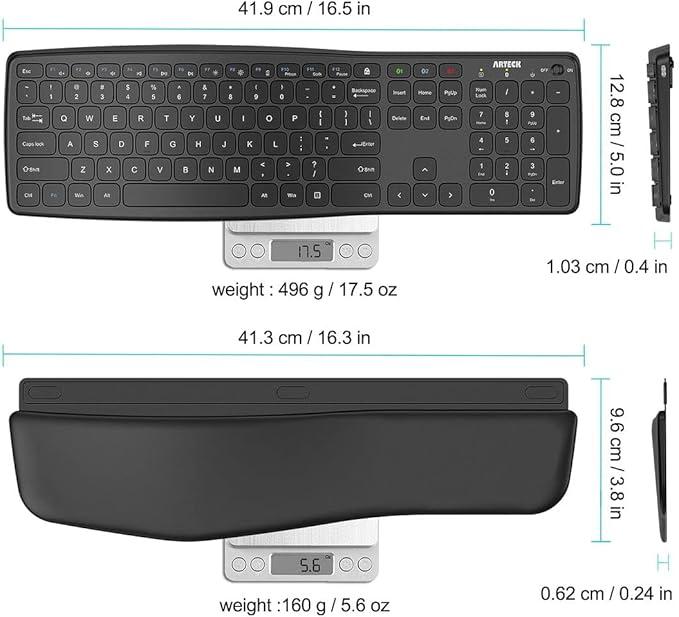 Arteck Bluetooth Keyboard Universal Wave Comfortable Keypad with Palm Rest Multi-Device Full Size Wireless Keyboard for Windows iOS iPad OS Android, Computer Desktop Laptop Surface Tablet Smartphone