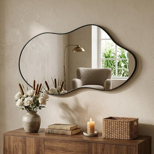 Irregular Wall Mirror 20×36 Inch Wall Mirrors Decorative Black Modern Asymmetrical Abstract Mirror for Bathroom Bedroom Living Room Entryway Hallway