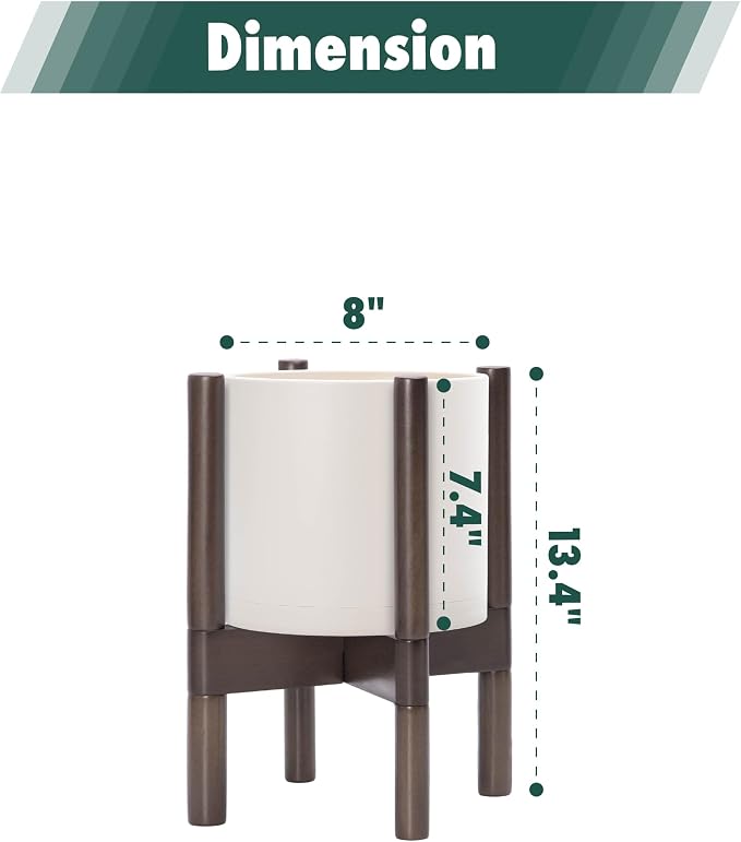 D'vine Dev Planter Pot with Stand - 8 Inch Plastic Cylinder Flower Pot with Wood Planter Holder for Indoor, Oatmeal Pot + Walnut Color Stand, 55-C-I-4