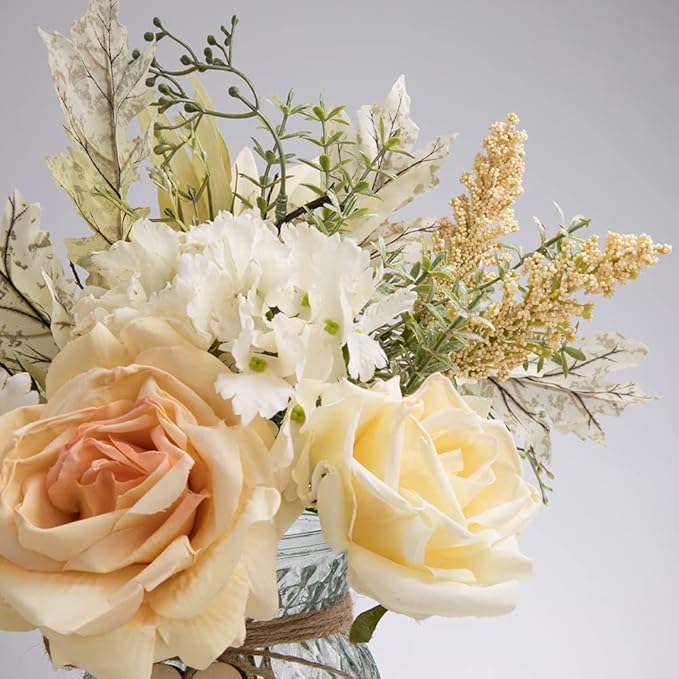 Silk Rose Flowers in Vase, Artificial Flowers Arrangement with Glass Vase Faux Hydrangea Rose for Decoration Table Centerpiece (Hydrangea Rose)