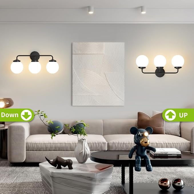 Black Bathroom Light Fixtures Over Mirror, 22.4'' 3-Light Modern Vanity Lighting with Milk White Glass Globe Shade Wall Sconce