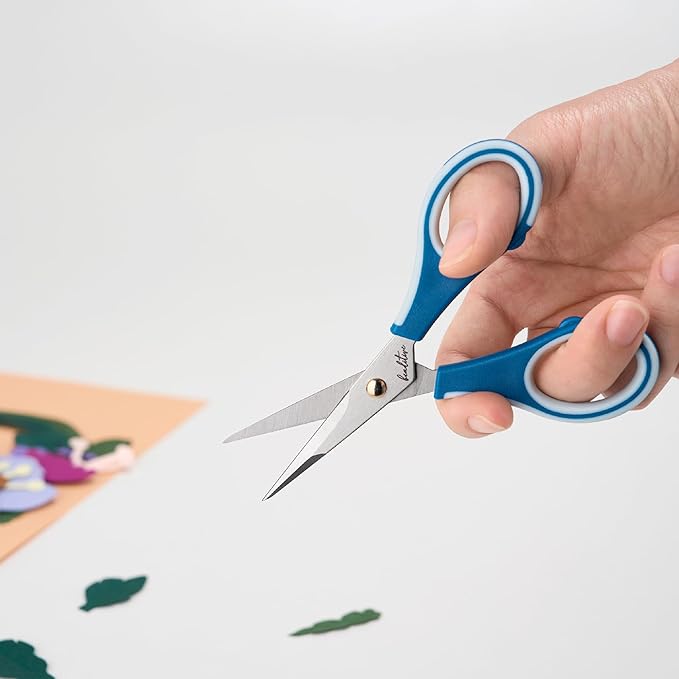 Beaditive Precision Craft Scissors - Ultra Sharp Stainless Steel Blades & Non-Slip TPR Handles - Adult & Kid Scrapbooking Scissors With Safety Cap For Home, Office, School (Blue)