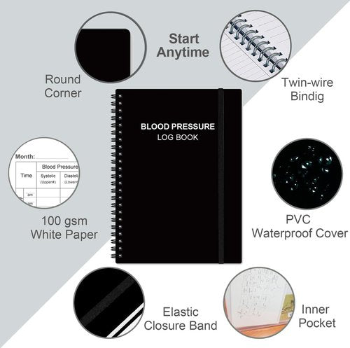Blood Pressure Log Book by HealthTrack - Monitor Daily Readings at Home, 5.8" x 8.5", Black