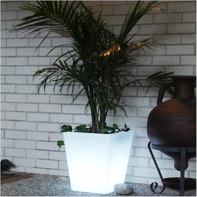 16-In Square LED Planter Pot Outdoor, Large Rechargeable Lighted Flower Pot w/Remote, Dimmable RGB Color Changing Light Up Plant Pots, Modern Waterproof Illuminated Planter for Home Balcony Porch Yard