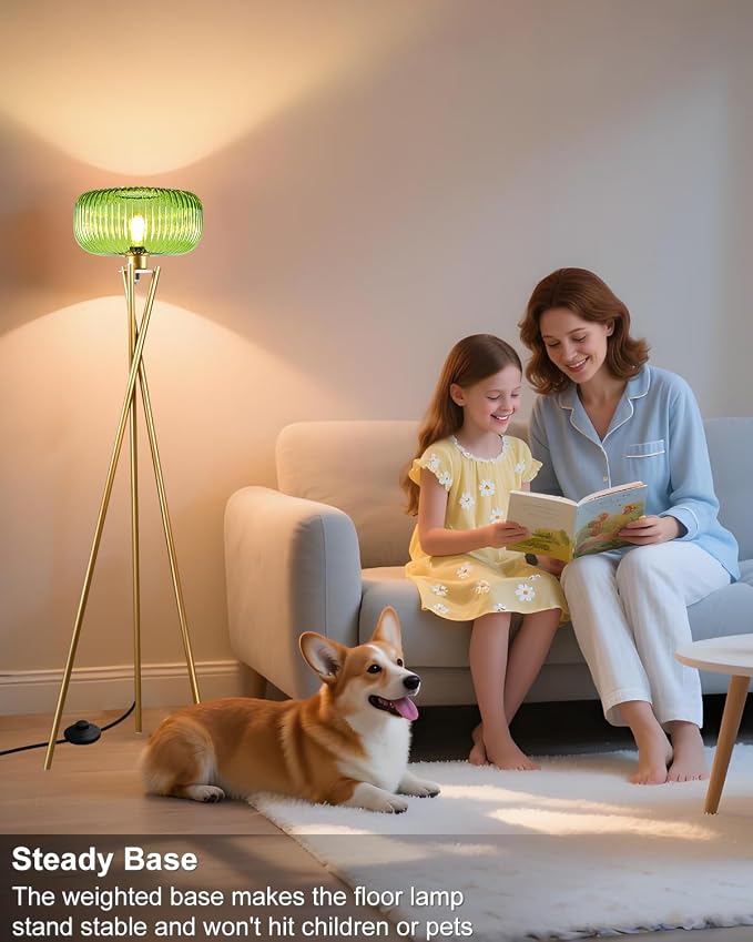 Lightdot Glass Tripod Floor Lamp for Living Room, Modern Gold Standing Lamp with Green Ribbed Glass Lampshade, Arc Tall Lamp for Bedroom Office Reading Room/Sofa Beside/Corner Decor (Bulb Included)