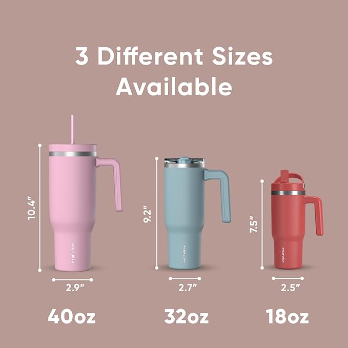 Hydrapeak Voyager 40 Oz Stainless Steel Tumbler with Handle, Insulated Water Bottle With Straw & Lid, Cupholder Friendly Reusable Travel Mug (Peony)