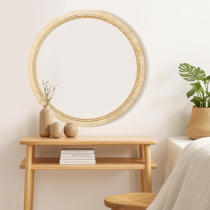 ULIKE Rattan Wicker Mirror for Bathroom, 24 Inch Boho Woven Decorative for Wall, Rustic Farmhouse Vanity Mirror, Round Rattan Mirrors for Living Room Entryway Bathroom Bedroom