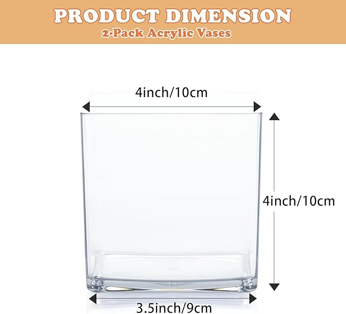 2 Pack Acrylic Cube Vases 4 X 4 Inch, Clear Square Vases, Shatterproof Flower Vase Decorative Centerpiece for Home, Wedding