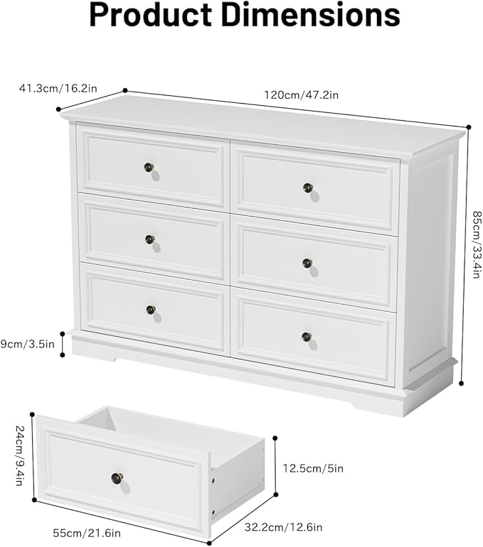 White Dresser, 6 Drawer Dressers for Bedroom, Wide Chest of Drawers with Deep Drawers, Closet Dressers with Metal Handle, Wood Dresser for Living Room, Hallway, Closet