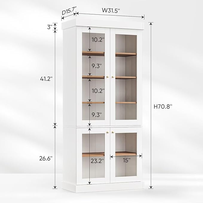 Vyre 70.8" Bookshelf with Glass Doors, Farmhouse Modular Bookcase with 6-Tier Adjustable Shelves, Large Storage Cabinet for Living Room & Home Office, White