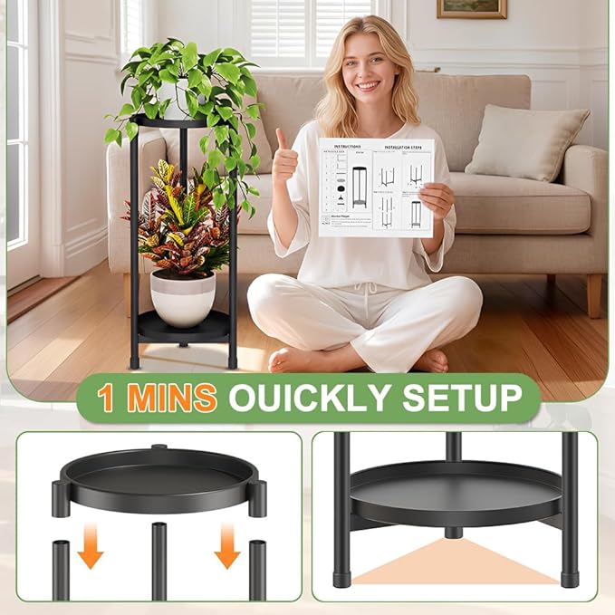 Plant Stand indoor outdoor - 2 Tier black Tall Metal Flower Pot Holder Potted Display Rack - Heavy Duty Corner Plant Shelf for Patio Garden Balcony Living Room Bedroom