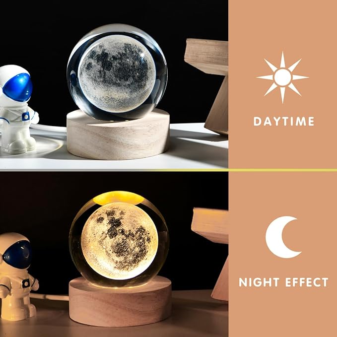 3D Moon Crystal Ball with LED Stand, Moon Figurine Decor Glass Sphere Lamp, Space Planet Globe Night Light Gifts for Women Men Mom Kids