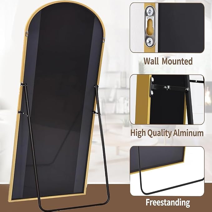 Dewfig Arched Full Length Mirror, 86"x46" Large Floor Mirror with Stand, Oversized Full Body Mirrors for Standing/Leaning/Hanging, Wall Mounted Mirrors for Bedroom, Living Room,Dressing Room, Gold
