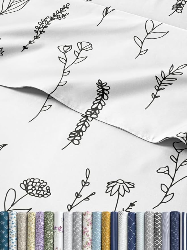 Floral Sheets - Black & White Floral Bed Sheet Set - 1 Flat, 1 Fitted & 2 Pillowcases w/ Deep Pockets - Comfy, Wrinkle & Fade Free - Boho Botanical Bedding - Soft, Breathable & Cooling - Full Size Set