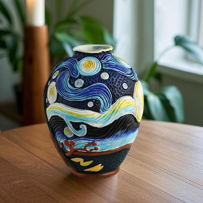 Starry Night Vase Plant Pot,Van Gogh Inspired Resin Flower Pot - Abstract Rainbow Planter with Artistic Brushstroke Design Stylish Art Flower Pot Unique Home Decor for Plants (2pcs)