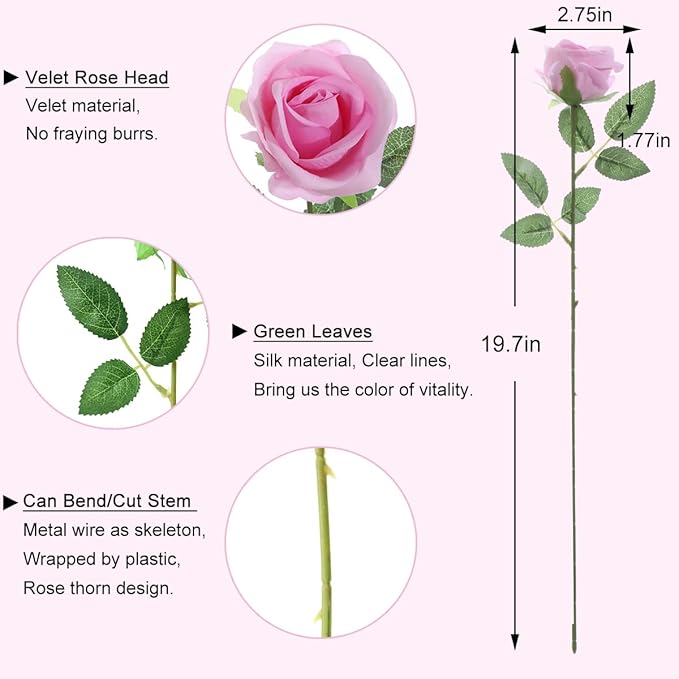 50Pcs Pink Roses Artificial Flowers Fake Roses Faux Velvet Silk Flower for Home Wedding Decoration (Pearl Rose, Gradient Pink)