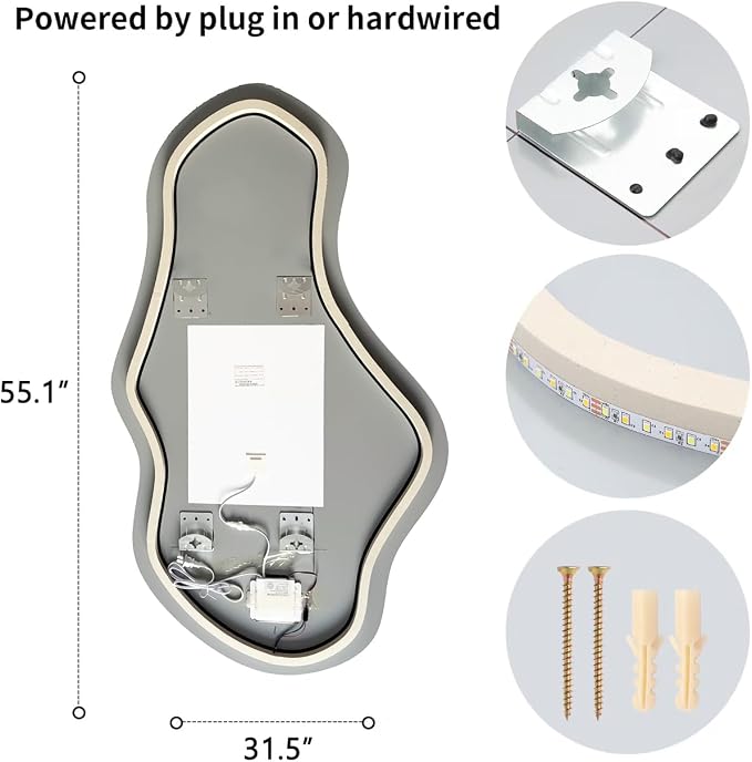 Modern Irregular LED Bathroom Mirror with Lights, Asymmetrical Frameless Smart Lighted Wall Mirror for Living Room Entryway, Large Decorative Makeup Vanity Mirror with Touch Switch(31.5″x55.1″)