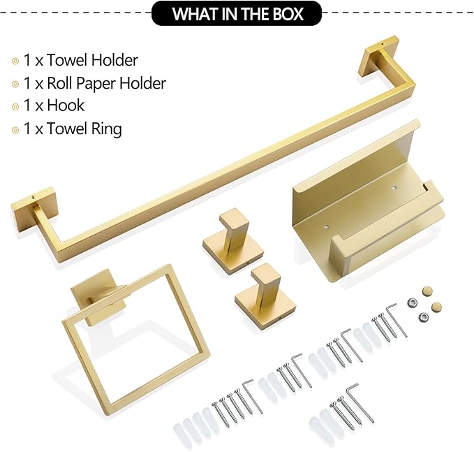 5-Piece Bathroom Hardware Set 23.6 Inch Gold Towel Bar Set Towel Bar Towel Ring Coat Hook and Toilet Paper Holder with Shelf Wall Mounted Stainless Steel Bathroom Accessories Set