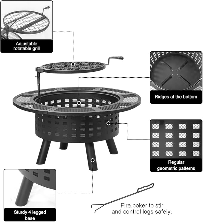 Verdeluxe 36 inch Outdoor Fire Pit with Grill,Wood Burning Fire Pits for Outside with Lid & Fire Poker,Metal 3-in-1 Firepit Table with Cooking Grate,Outdoor Firepit for Yard,Bonfire,Patio(Charcoal)