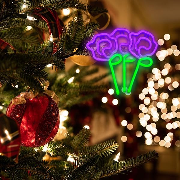 ENUOLI LED Neon Pink Rose Flower with Green Stem Wall Sign for Cool Light, Wall Art, Bedroom Decorations, Home Accessories, Party, and Holiday Decor Valentine's Day Present(Purple Rose)
