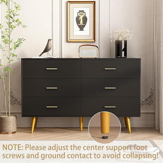 Dresser for Bedroom, 6 Drawer Black Wood Dresser with Golden Handles, Modern Wide Dressers & Chests of Storage Organizer Drawer for Entryway Hallway