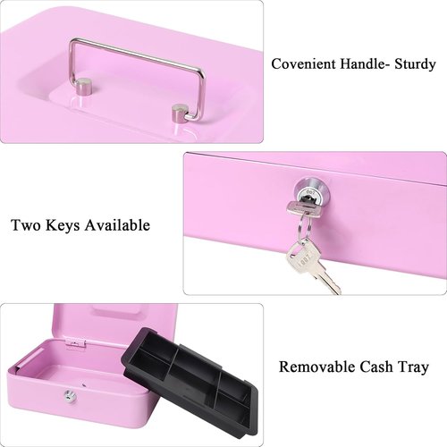 Jssmst Cash Box - Light Purple Money Saving Box with Key Lock | 9.84'' x 7.87'' x 2.6''