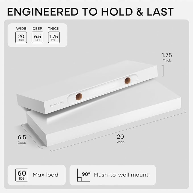 Homeforia White Floating Shelf 20 inch, High End Solid Real Wood 20inch Bathroom Floating Shelves for Wall Mounted, White Wooden 20in Floating Shelves, Heavy Duty Bracket, 20 X 6.5 X 1.75 in, Set of 3
