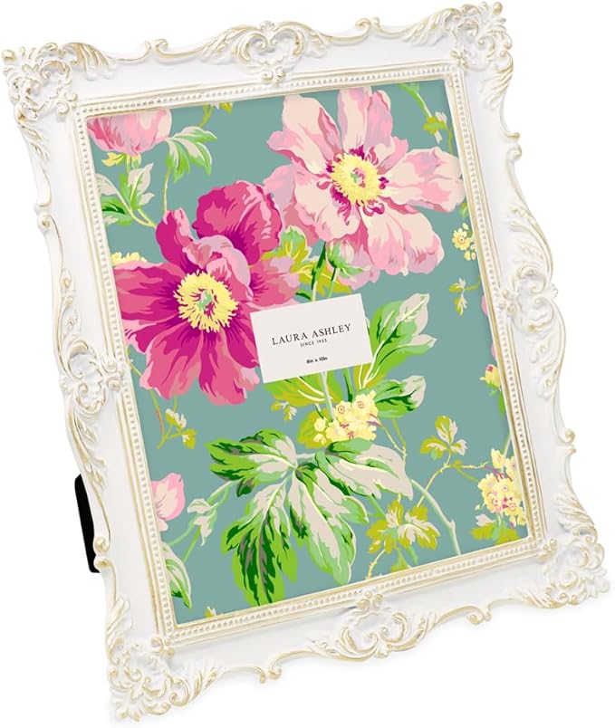 Laura Ashley 8x10 White & Gold Ornate Textured Hand-Crafted Resin Picture Frame w/Easel & Hook for Tabletop & Wall Display, Decorative Floral Design Home Décor, Photo Gallery, Art (8x10, White/Gold)