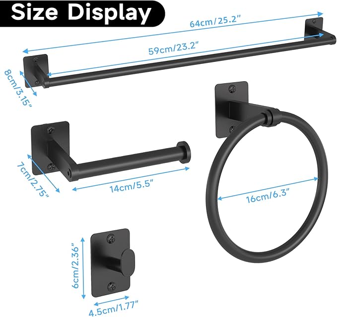 KLJKPA 8 Pieces Bathroom Hardware Set, 24 inch Towel Bar, Matte Black Bathroom Accessories Set, Towel Racks for Bathroom, Robe Towel Hooks, Toilet Paper Holder Wall Mounted