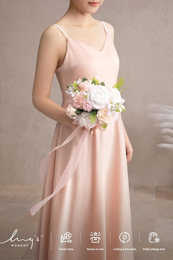 Ling's moment Blush Pink & White Bridesmaid Bouquet, Wedding Bouquets for Bridesmaids, 7 Inch Bridal Bouquets for Bridesmaids, Wedding, Ceremony, Anniversary, etc.