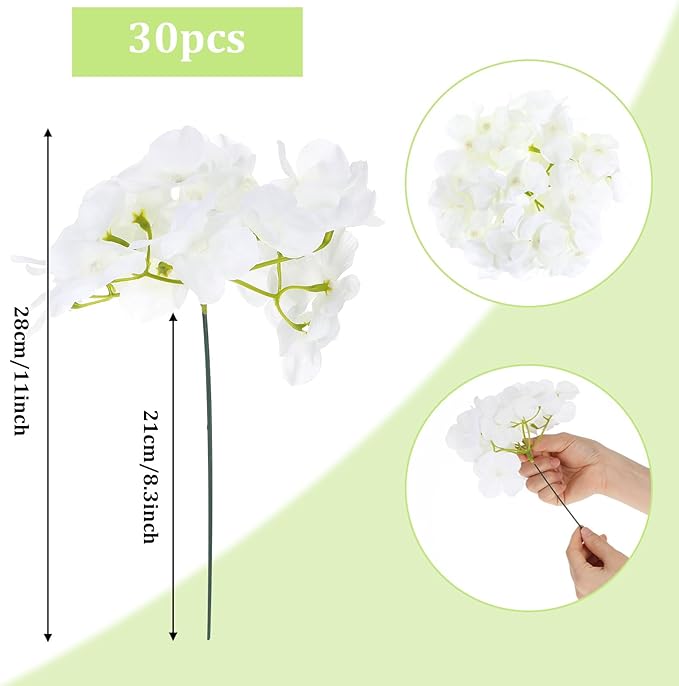 30 Pcs Faux Silk Hydrangea Flowers, Artificial Hydrangea Flower Heads with Stems, Realistic Fake Artificial Floral for Wedding Bouquet Table Centerpieces, Home Décor, Garden Party
