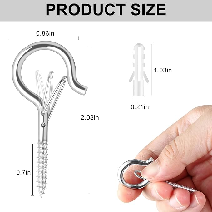 FSAH 35 PCS Screw-in Hooks for Outdoor String Lights, Q Hangers Hooks Outdoor for Outside, Swivel Hanging Basket Patio Light Hooks with Safe Buckle Screw in Planter Eye Hook for Wall Ceiling, Silver