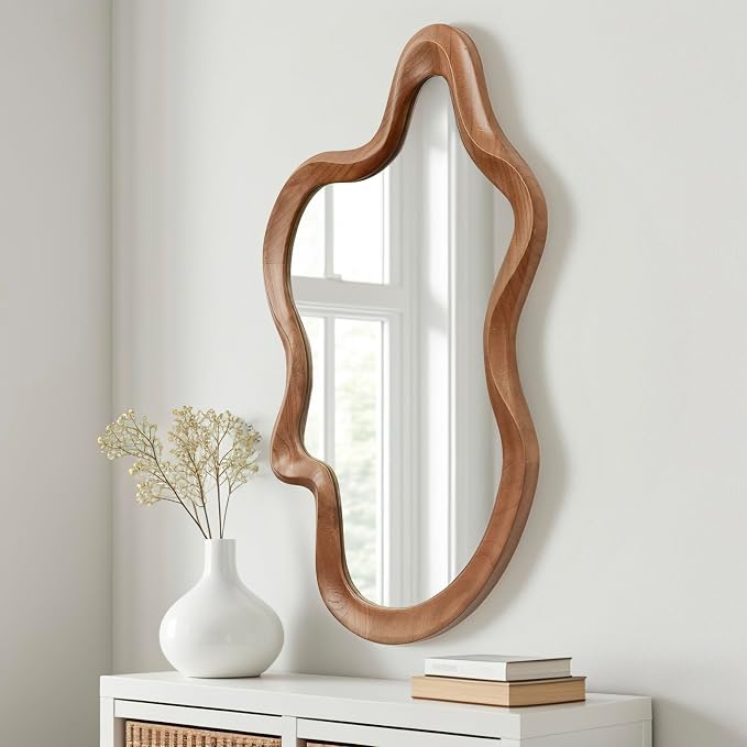 Irregular Wall Mirror,24"x 36"Asymmetrical Mirror Wood,Wooden Framed Wall Mirror,Modern Large Vanity Bathroom Mirror,Walnut Wavy Mirror for Entryway,Bedroom,Living Room,Washroom