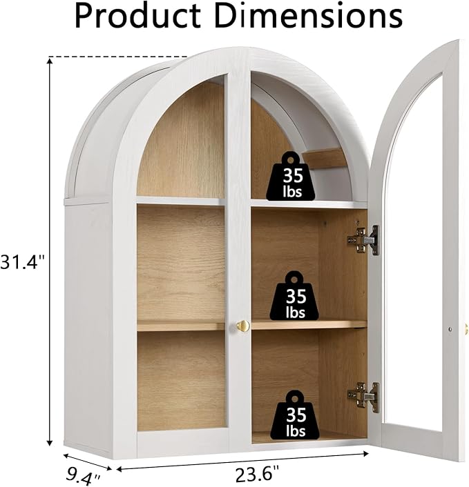 Bathroom Arched Wall Cabinet Over The Toilet Storage Cabinet, 23.6×31.4 Inch Bathroom Medicine Cabinet Wall Mount with Adjustable Shelves & Glass Door, Space Saver Wall Cabinet, White