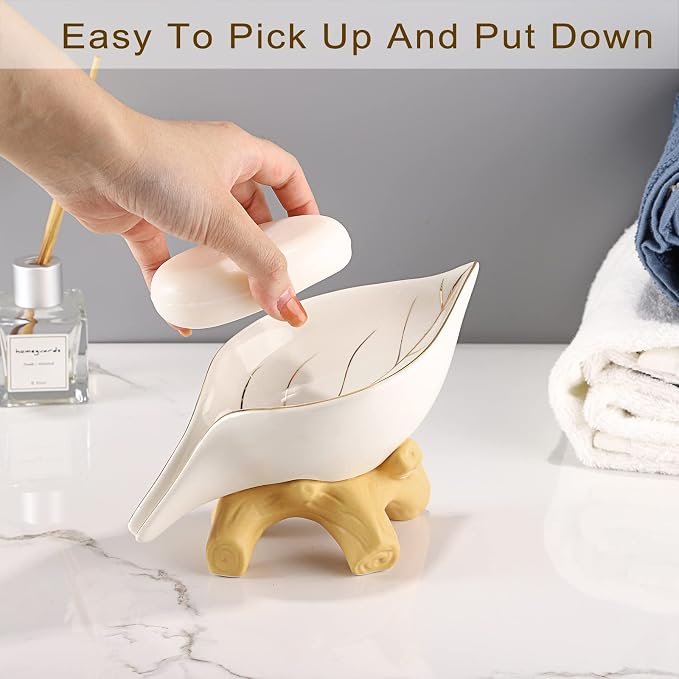 JUXYES Ceramic Soap Dish Holder Self Draining, Unique Waterfall Soap Dish Leaf Shape Decorative Soap Dish Tray Tabletop Drainable Soap Saver Bathtub Waterfall Soap Dish Holder for Bathroom Shower