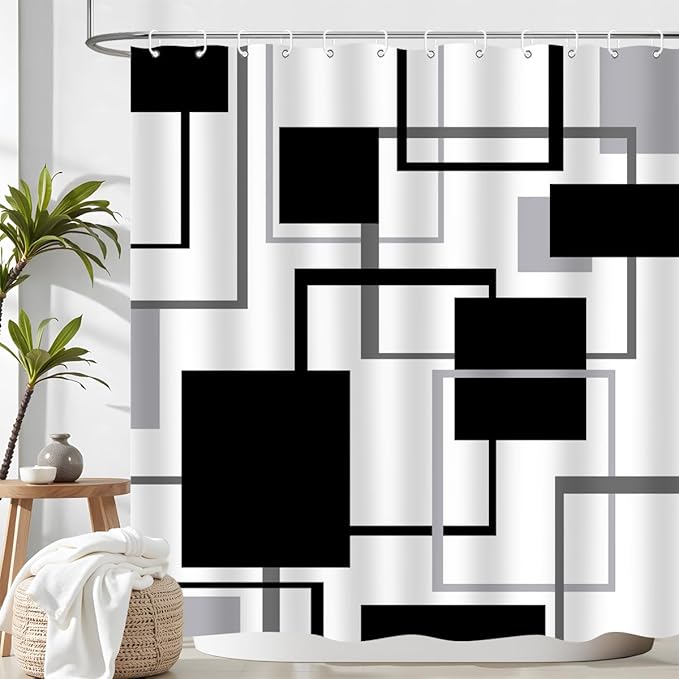 Geometric Shower Curtain Abstract Black White Grey Lines Square Simple Aesthetics Art Modern Home Bathroom Decor Waterproof Fabric 72Lx72W Inch with Plastic 12PCS Hooks
