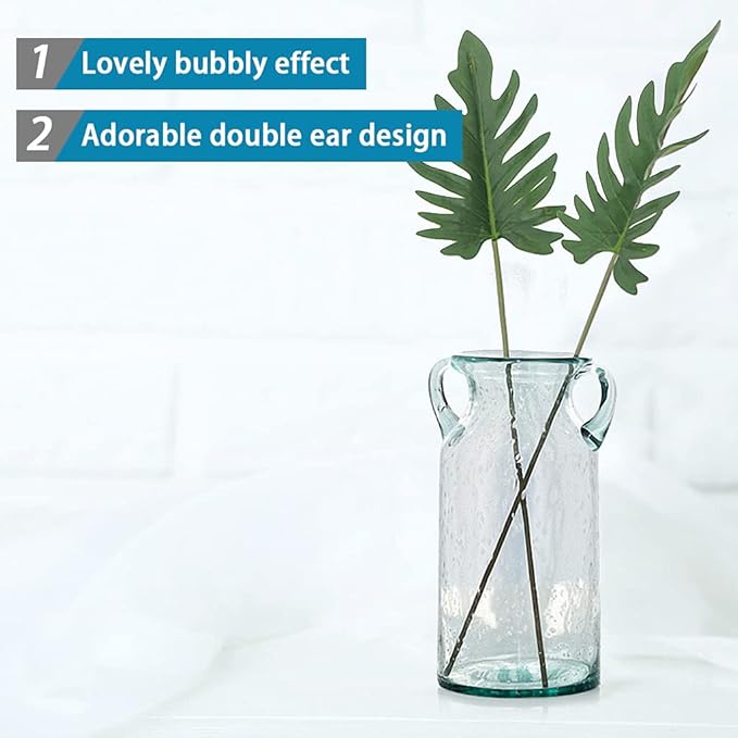 MDLUU Decorative Glass Vase 11" Tall, Bubble Air Flower Vase with Handles, Handblown Jug Vase for Dining Room, Bedroom, Bathroom, Mantel