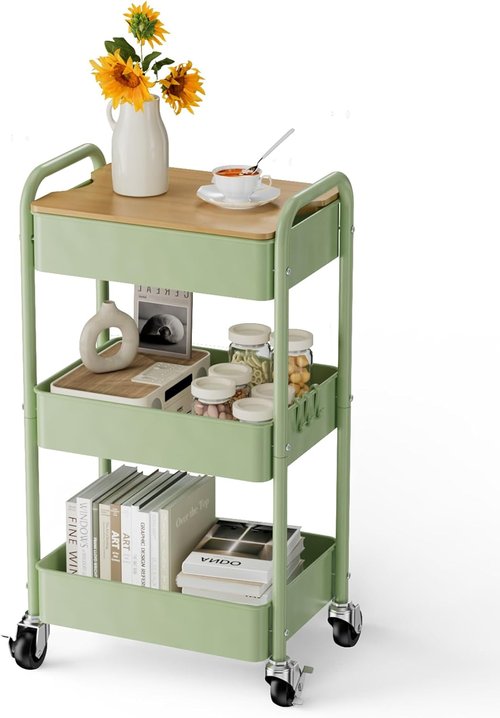 Skiennix 3-Tier Rolling Cart - Sturdy Metal Utility Organizer with Locking Wheels & Hooks | Versatile for Office, Kitchen, Bathroom