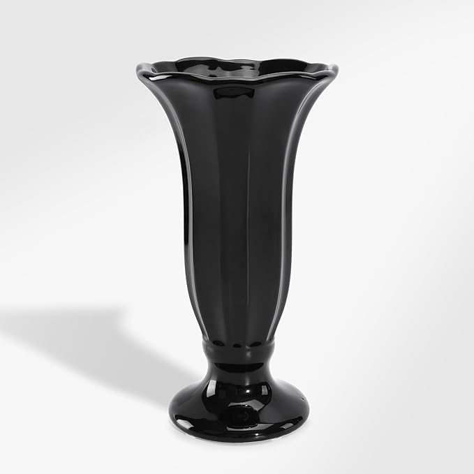 Black Fluted Ceramic Vase with Pedestal Base, 10 Inch Tall Modern Flower Vase for Dining Table Decor, Centerpieces, Countertops, Decorative Vases for Home Decor, Living Room, Kitchen, Wedding