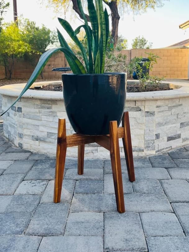 Mid Century Modern Acacia Wood Plant Stand for Indoor Plants, Adjustable Solid Wood Pot Holder Fits Up to 11 Inch Pots