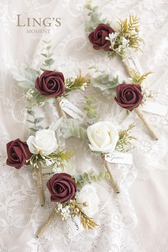 Ling's moment Artificial Flowers Burgundy Rose Buds and Small Roses w/Stem for DIY Wedding Bouquets Centerpieces Arrangements Party Baby Shower Home Decorations