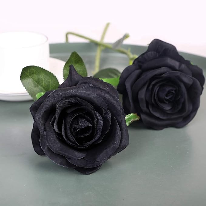 Kisflower 12PCS Black Roses Artificial Flowers Fake Roses Glitter, Silk Roses with Stems Realistic for Halloween Decorations Wedding Party Office Home Decor (Black)