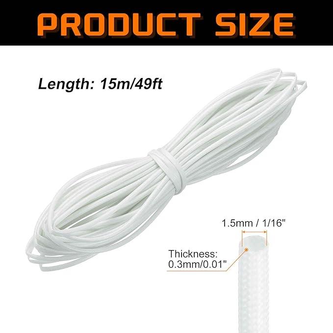MECCANIXITY 49ft Braided Cable Sleeve, 1/16" ID 200C High Temperature 1500V Fiberglass Wire Insulation Cord Protector Organizer Wires Management for Motor Engine Fuel Line, White