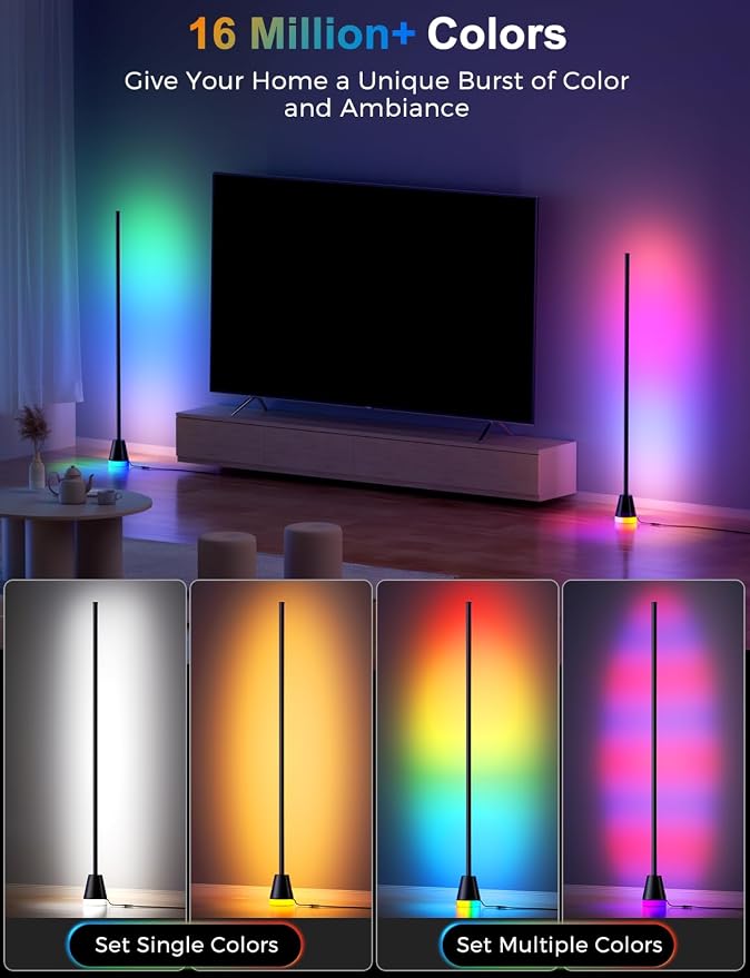 Corner Floor Lamp, Smart RGB Lamps for Living Room Bedroom, APP & Remote Control Tall Standing LED Lights, 16 Million DIY Colors Modern Ambient Lighting with Music Sync & Timer, Jet Black