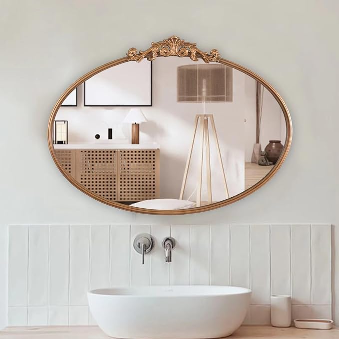 OUSHUAI Gold Oval Mirror for Wall,Baroque Fireplace Decor,Brass Wall Mirror,Victorian Vintage with Full Matel Frame,Ornate Entryway/Bathroom/Living Room/Hallway 36''X24'' (XD-004ZM)