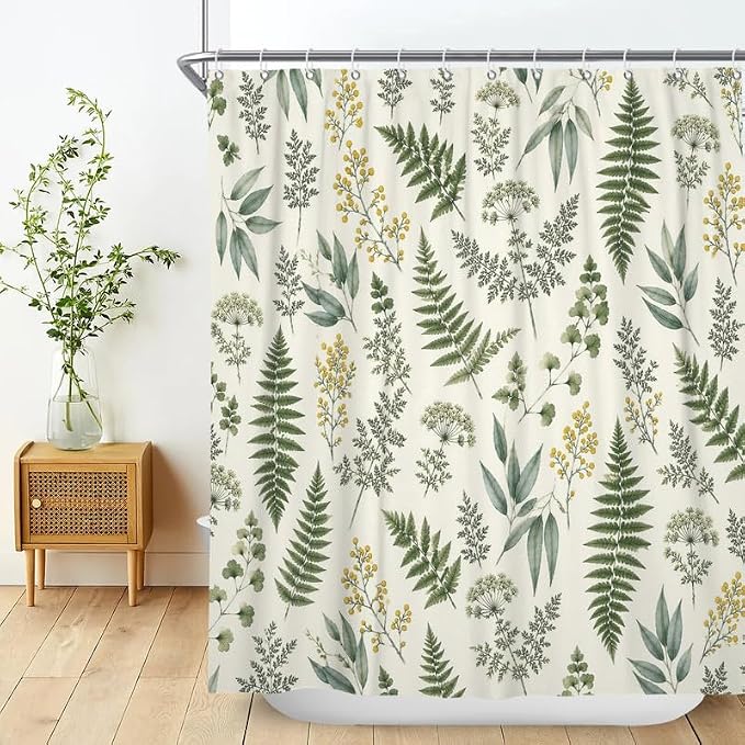 Fern Leaf Vintage Sage Green Shower Curtain Eucalyptus Farmhouse Plant Leaves Rural Floral Botanical Art Natural Waterproof Curtain for Bathroom 69x70 in with 12 Hooks