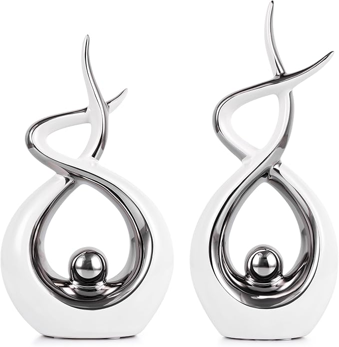 LCCCK White and Silver Abstract Table Decor, Abstract Sculptures Home Decor, Ceramic Sculpture Set of 2 with Electroplated Finish, Modern Tabletop Statues for Dining Table or Shelf